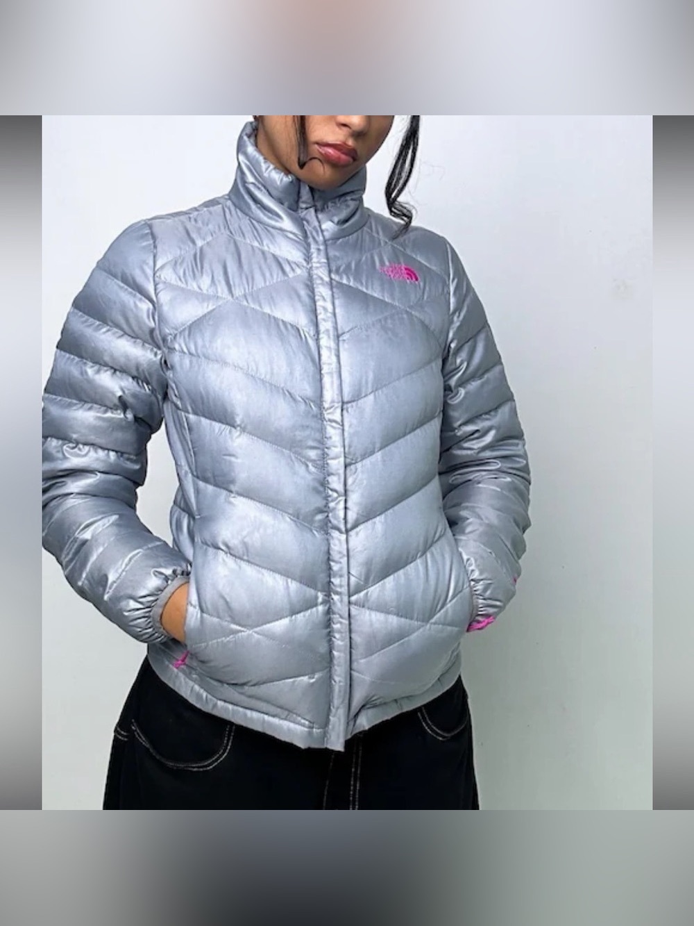 The North Face Goose Down Women's Large Silver Gray Puffer Jacket Pink